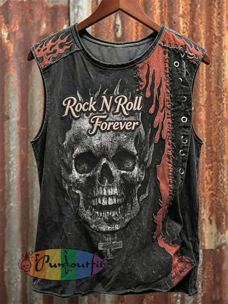 Men’s Rock N Roll Forever Skull & Flame Contrast Print Racket Vest - Black · S