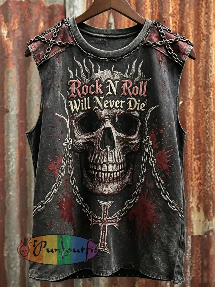 Men’s Rock N Roll Will Never Die Skull Cross & Chains Bloody Print Racket Vest - Dark Gray · S