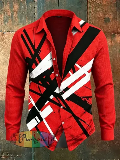 Men’s Vintage VH Guitar Line Illustration Abstract Print Casual Waffle Long-Sleeve Shirt - Red · S