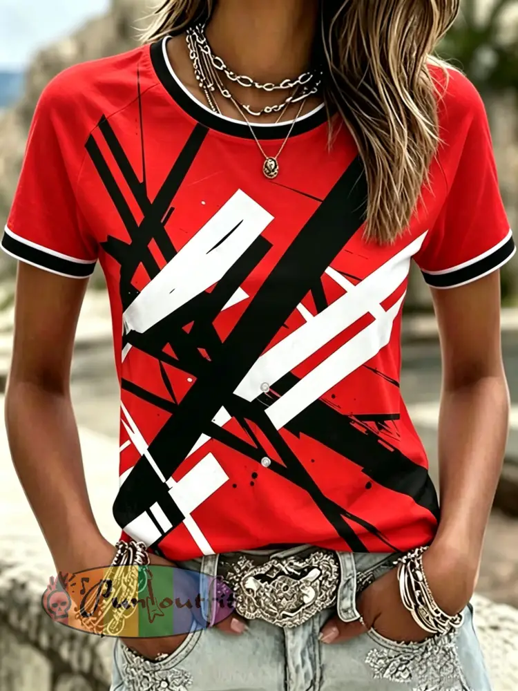 Women’s Vintage VH Guitar Line Illustration Abstract Print Casual Short-Sleeve T-Shirt - Red · S