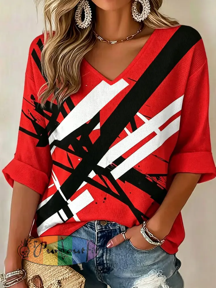 Women’s Vintage VH Guitar Line Illustration Abstract Print Casual Waffle Top - Red · S