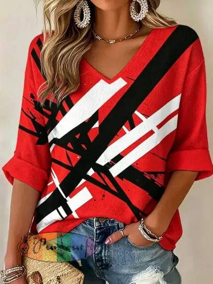 Women’s Vintage VH Guitar Line Illustration Abstract Print Casual Waffle Top - Red · S