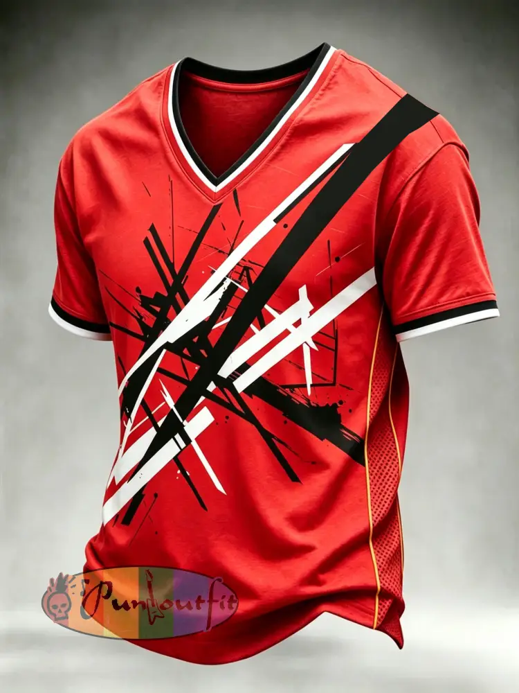 Men’s Vintage VH Guitar Line Illustration Abstract Print Casual Short-Sleeve T-Shirt - Red · S