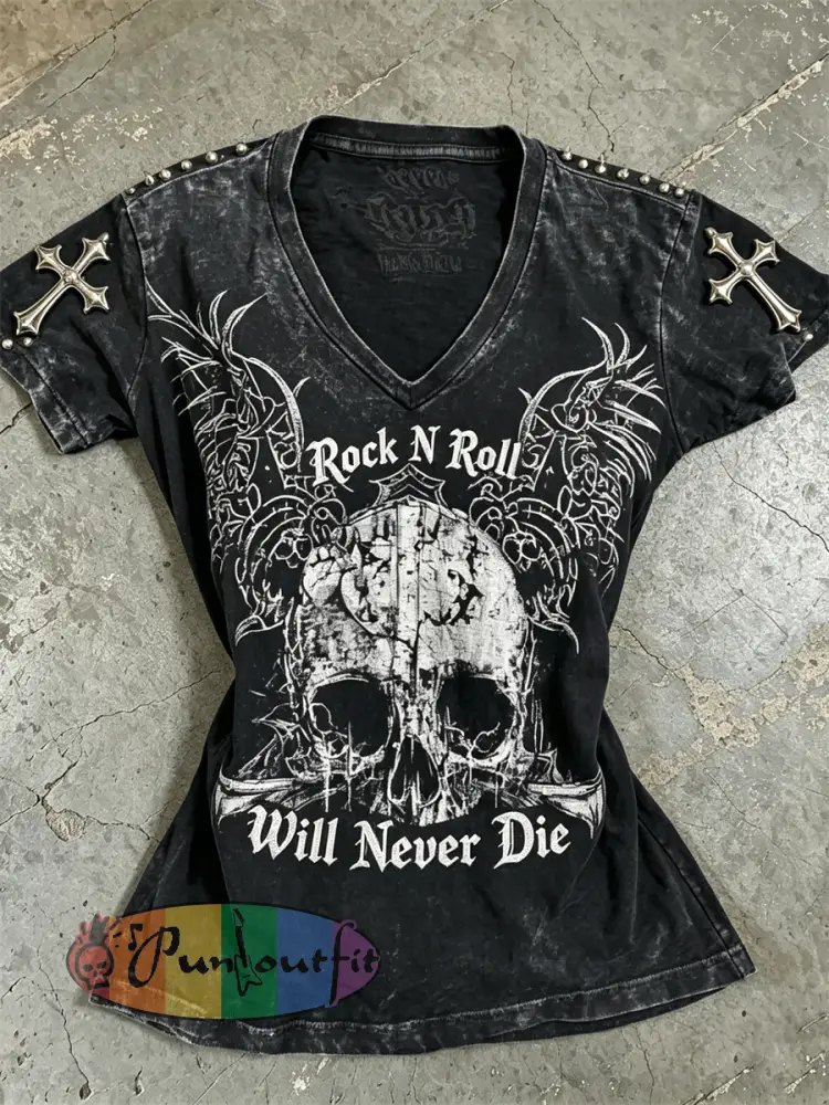 Women’s Rock N Roll Will Never Die Skull Print short-sleeved T-shirt - Black · S