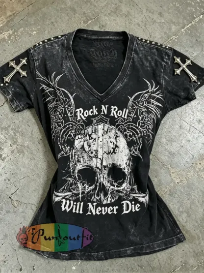 Women’s Rock N Roll Will Never Die Skull Print short-sleeved T-shirt - Black · S