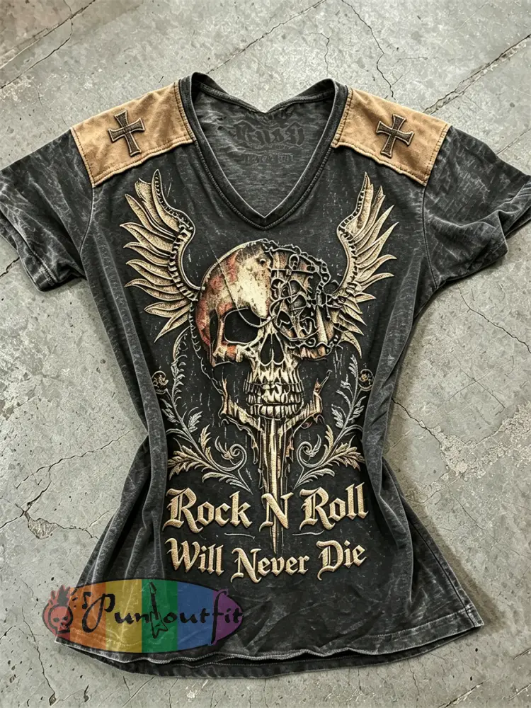 Women’s Rock N Roll Will Never Die Skull with Wings Print short-sleeved T-shirt - Black · S