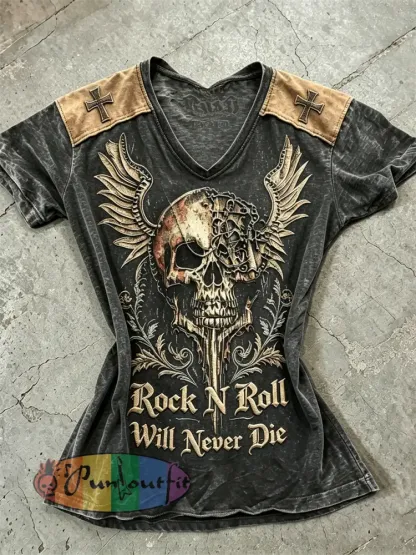 Women’s Rock N Roll Will Never Die Skull with Wings Print short-sleeved T-shirt - Black · S