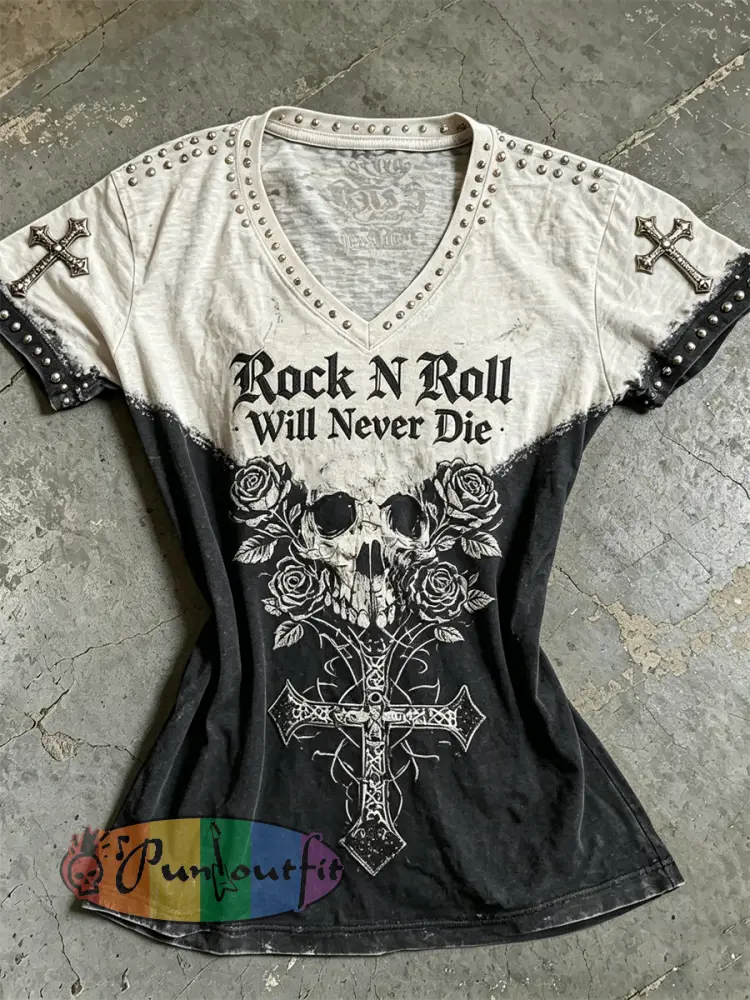 Women’s Rock N Roll Will Never Die Skull Roses Cross Contrast Print short-sleeved T-shirt - Black · S