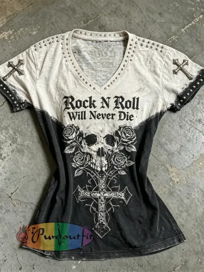 Women’s Rock N Roll Will Never Die Skull Roses Cross Contrast Print short-sleeved T-shirt - Black · S