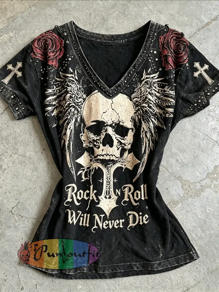 Women’s Rock N Roll Will Never Die Skull with Wings Roses Print short-sleeved T-shirt - Black · S