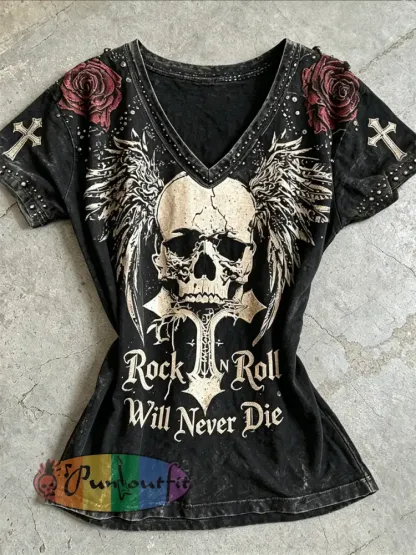 Women’s Rock N Roll Will Never Die Skull with Wings Roses Print short-sleeved T-shirt - Black · S