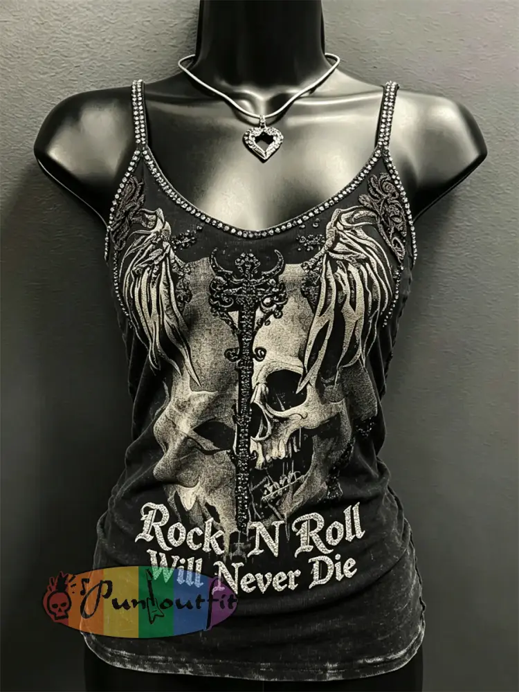 Women’s Rock N Roll Will Never Die Skull & Cross Print Spaghetti-Strap Tank Top - Black · S