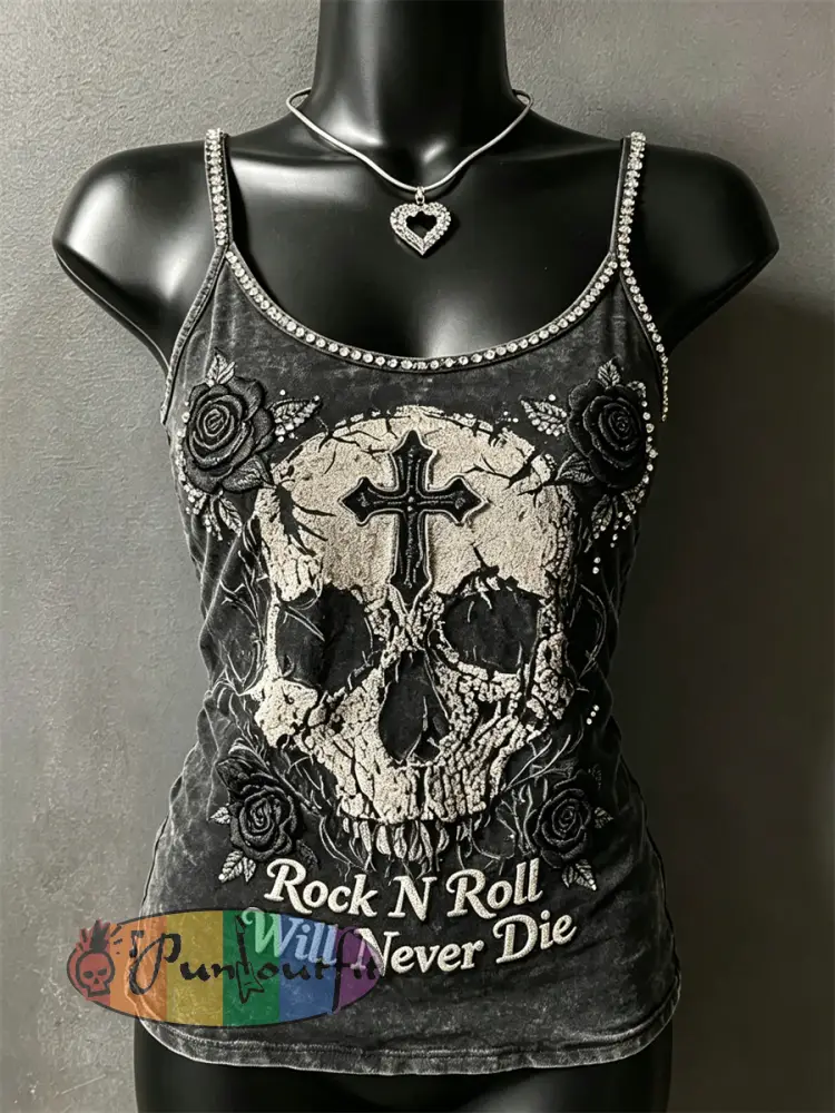 Women’s Rock N Roll Will Never Die Skull Cross Roses Print Spaghetti-Strap Tank Top - Dark Gray · S