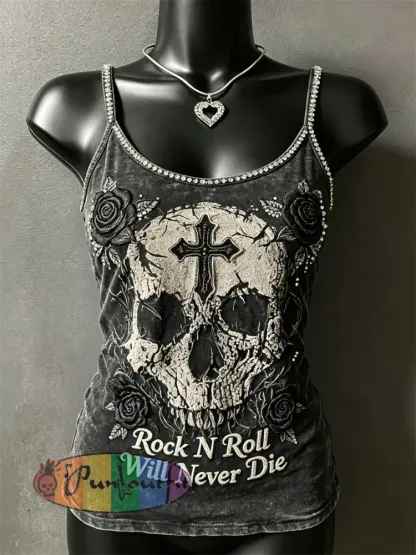 Women’s Rock N Roll Will Never Die Skull Cross Roses Print Spaghetti-Strap Tank Top - Dark Gray · S