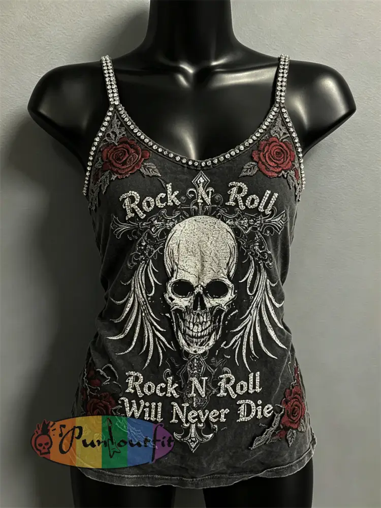 Women’s Rock N Roll Will Never Die Skull & Roses Print Spaghetti-Strap Tank Top - Black · S