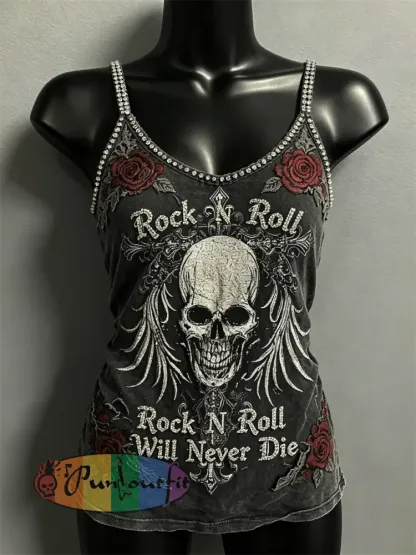 Women’s Rock N Roll Will Never Die Skull & Roses Print Spaghetti-Strap Tank Top - Black · S