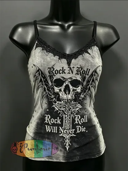 Women’s Rock N Roll Will Never Die Skull & Cross Print Spaghetti-Strap Tank Top - Gray · S