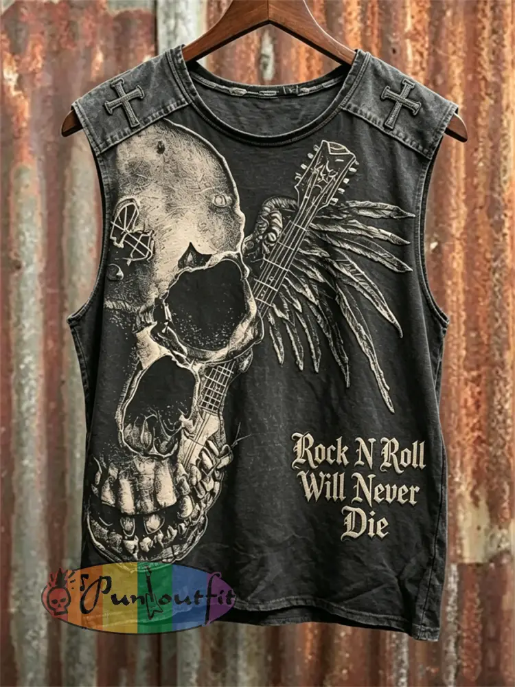 Men’s Vintage Rock N Roll Will Never Die Skull with Wings Print Racket Vest - Black · S