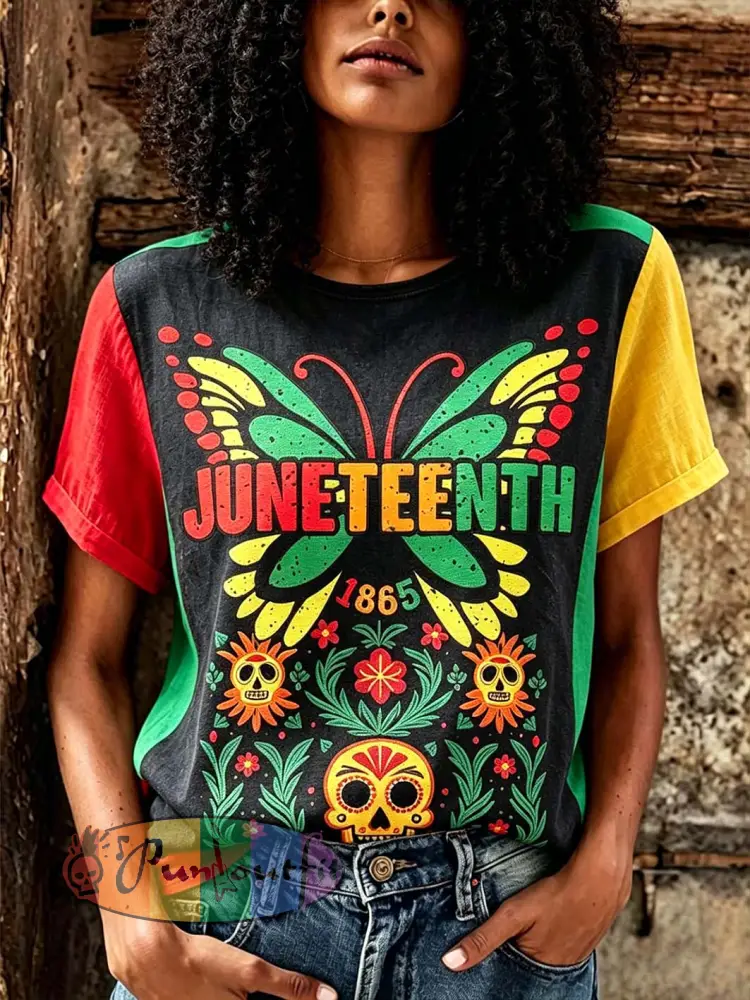 Women’s Butterfly Pattern Color Block Casual Linen Short Sleeve T-Shirt - Black · S