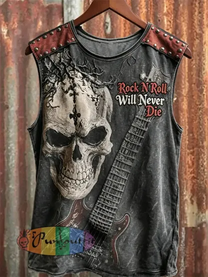 Men’s Rock N Roll Will Never Die Skull & Guitar Print Racket Vest - Dark Gray · S
