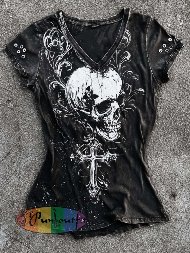 Women’s retro dark skull pattern printed short-sleeved T-shirt - Black · S