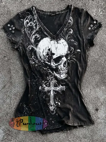 Women’s retro dark skull pattern printed short-sleeved T-shirt - Black · S