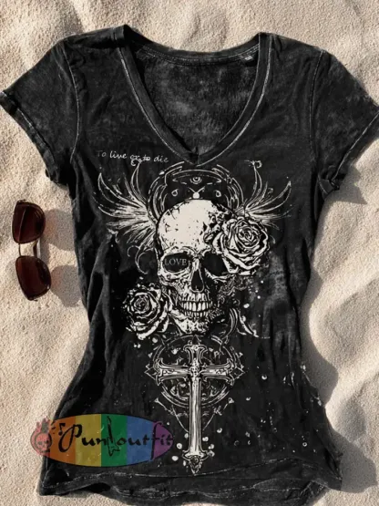 Women’s retro dark skull pattern printed short-sleeved T-shirt - Black · S