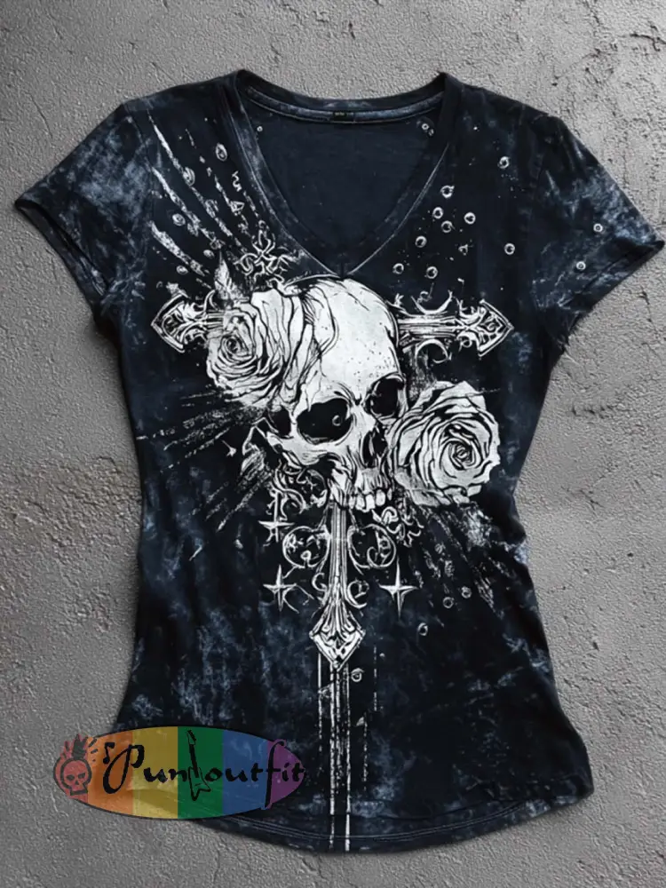 Women’s retro dark skull pattern printed short-sleeved T-shirt - Deep Blue · S