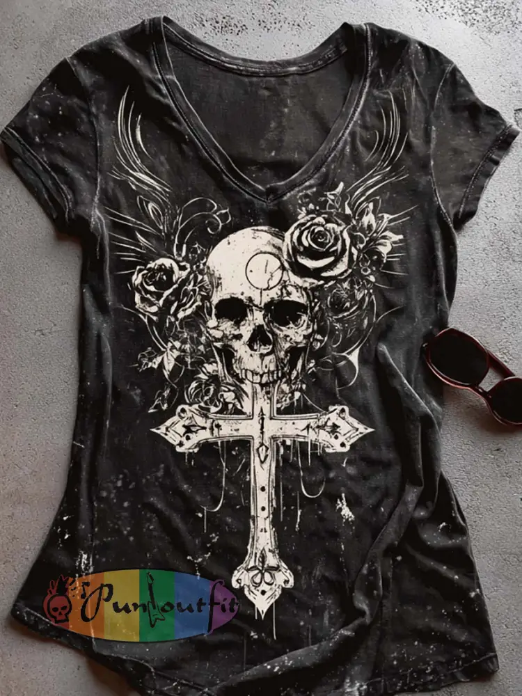 Women’s retro dark skull pattern printed short-sleeved T-shirt - Black · S