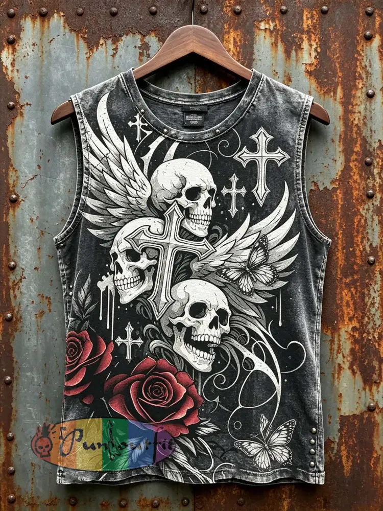 Men’s dark skull pattern printed casual vest - Dark Grey · S