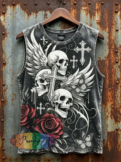 Men’s dark skull pattern printed casual vest - Dark Grey · S