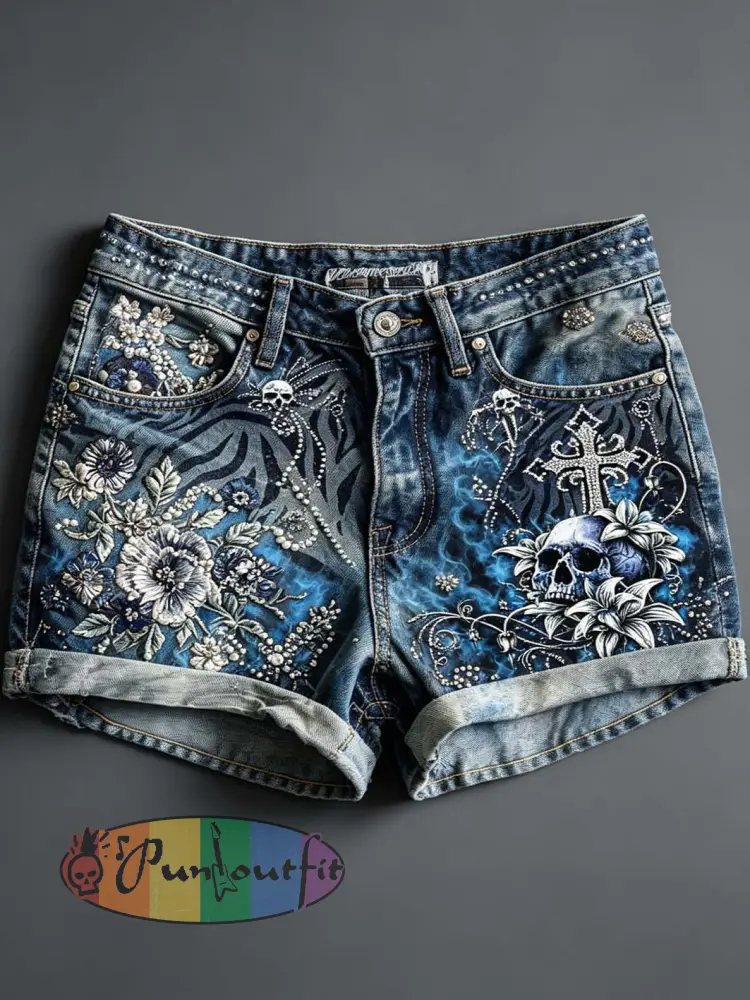 Women’s retro dark skull pattern printed shorts - Blue · S