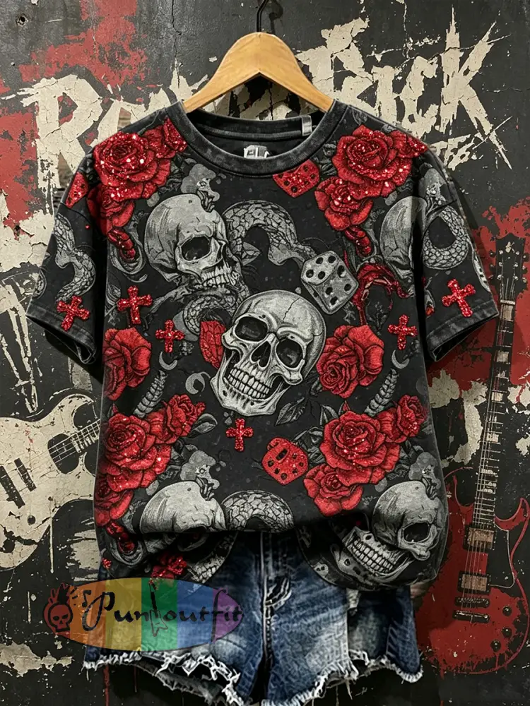 Women’s Vintage Rose Skull Rock Art Print Washed Short-sleeved T-shirt - Black · S