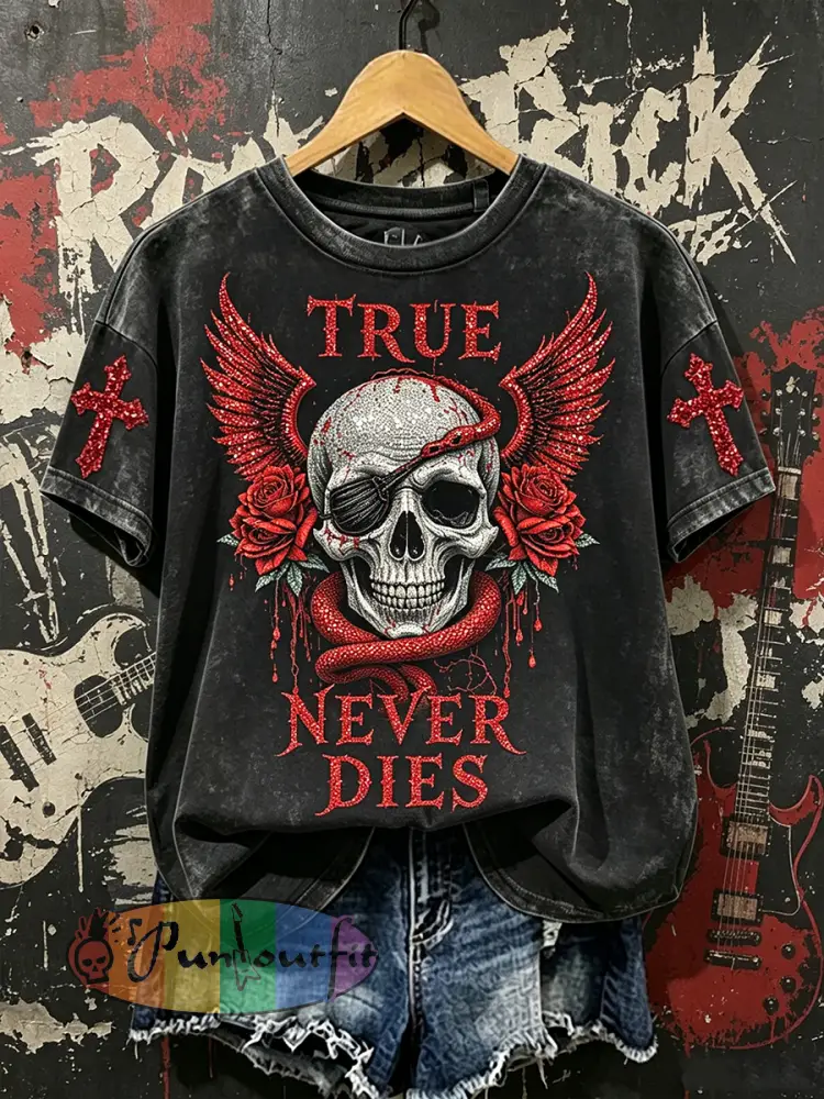 Women’s Vintage Rock Inspired Cross Skull Rose Print Short-sleeved T-shirt - Black · S