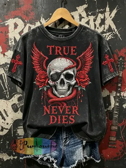 Women’s Vintage Rock Inspired Cross Skull Rose Print Short-sleeved T-shirt - Black · S