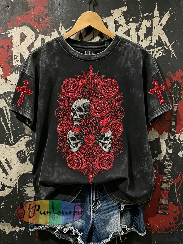 Women’s Vintage Rock And Roll Rose Skull Print Short-sleeved T-shirt - Black · S