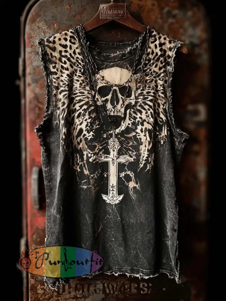 Men’s retro rock skull pattern printed casual vest - Black-Gray · S