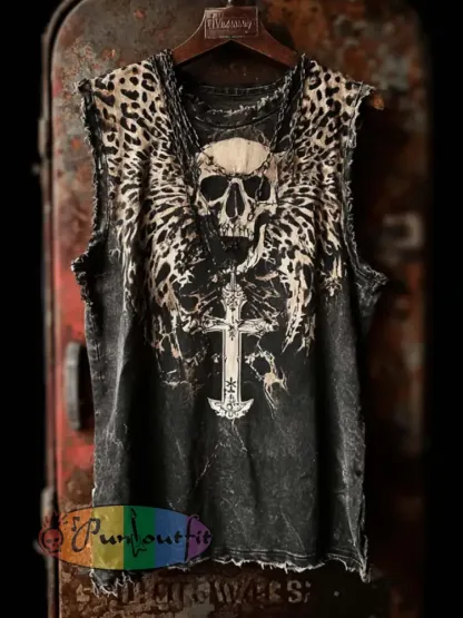 Men’s retro rock skull pattern printed casual vest - Black-Gray · S
