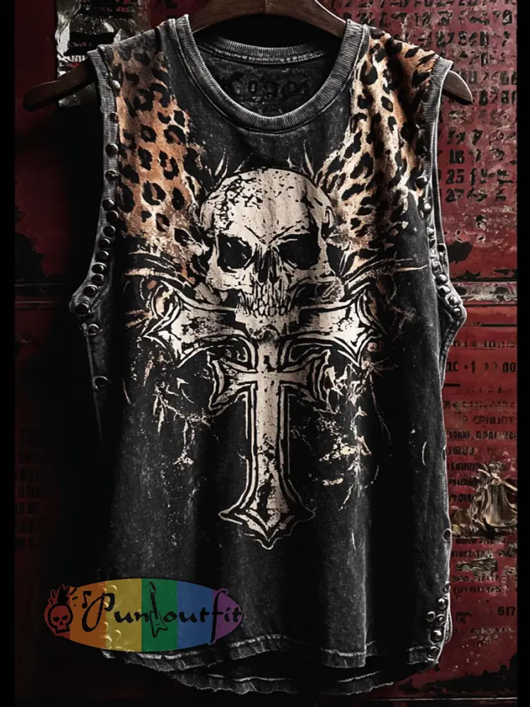 Men’s retro rock skull pattern printed casual vest - Black-Gray · S