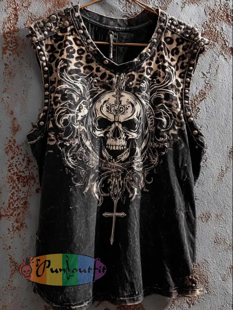 Men’s retro rock skull pattern printed casual vest - Black · S