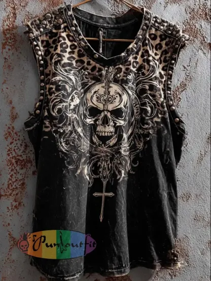 Men’s retro rock skull pattern printed casual vest - Black · S