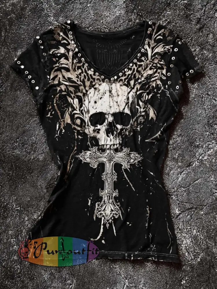 Women’s retro dark skull pattern printed washed T-shirt - Black · S
