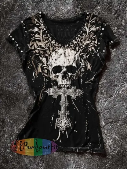 Women’s retro dark skull pattern printed washed T-shirt - Black · S