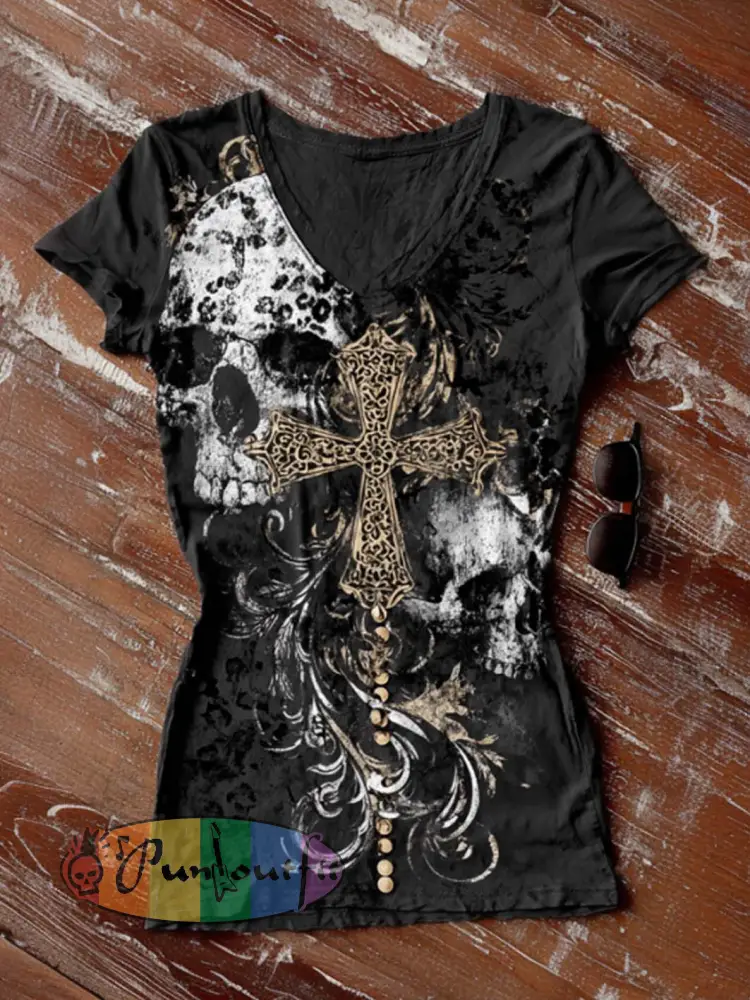Women’s retro rock skull pattern printed casual V-neck T-shirt - Black · S