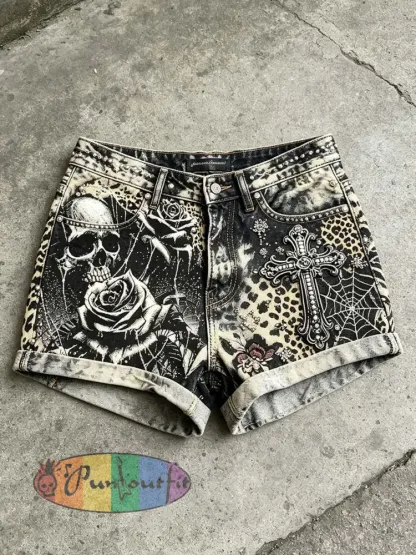 Women’s retro dark skull pattern printed shorts - Dark Grey · S