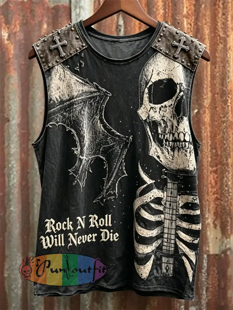 Men’s Rock N Roll Will Never Die Skull with Bat Wings Print Racket Vest - Black · S