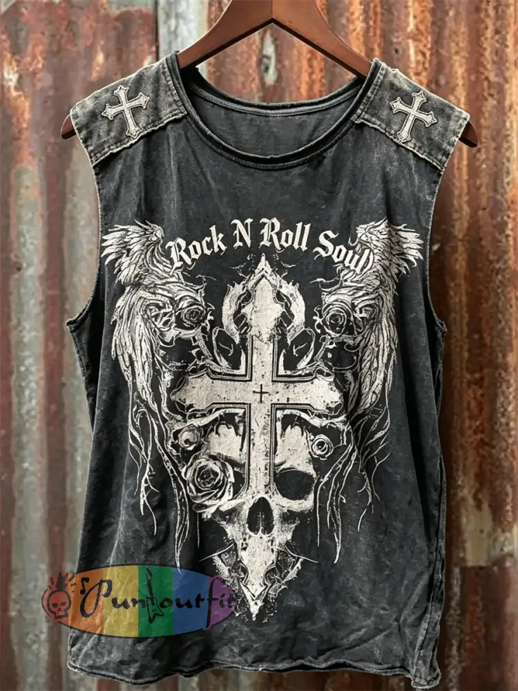 Men’s Rock N Roll Soul Skull Cross with Wings Print Racket Vest - Black · S