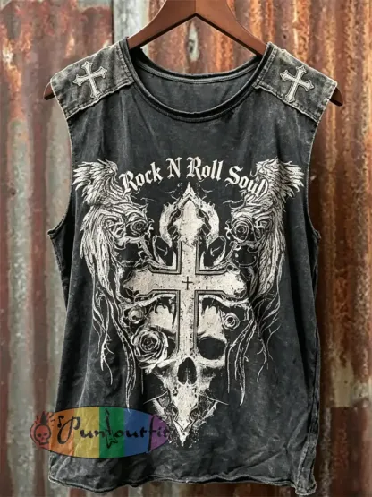 Men’s Rock N Roll Soul Skull Cross with Wings Print Racket Vest - Black · S