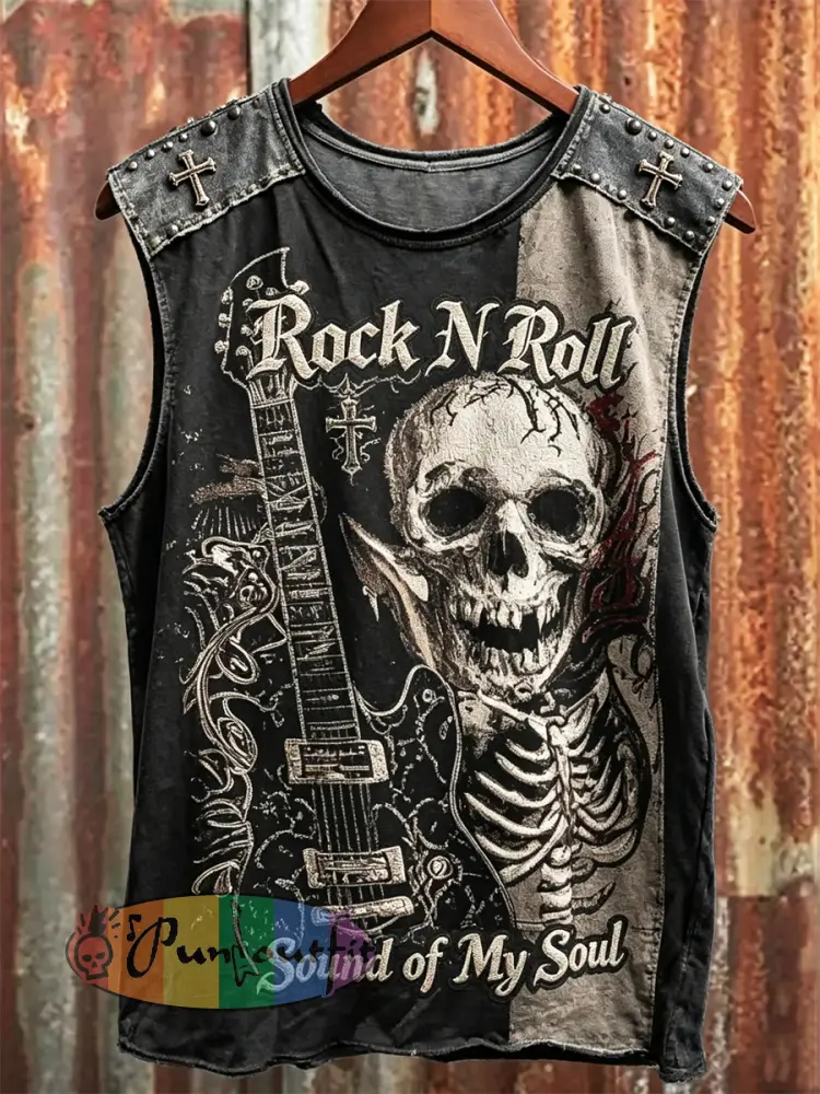 Men’s Rock N Roll Sound of My Soul Skull & Guitar Print Racket Vest - Black · S