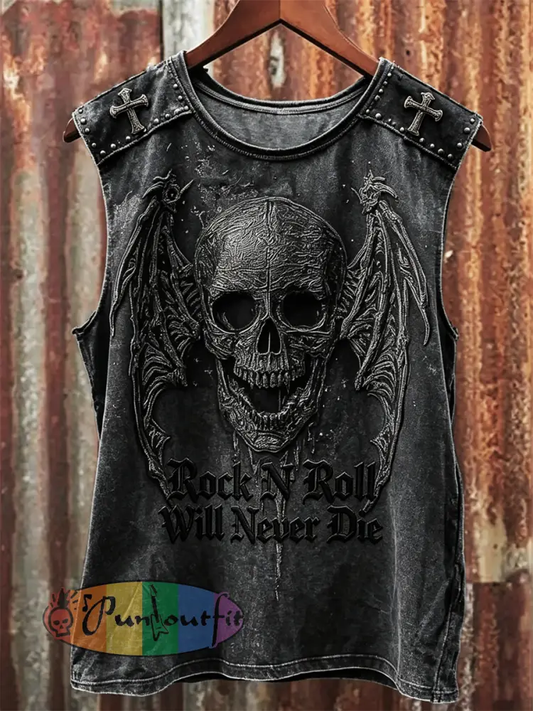 Men’s Rock N Roll Will Never Die Dark Evil Skull Print Racket Vest - Black · S